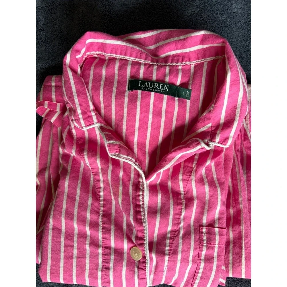 Lauren Ralph Lauren Pink White Striped Pajama Set L Button Down Crop Pants